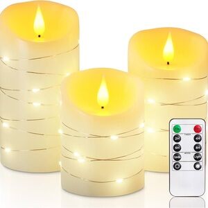 LED Flickering Flameless Candles (3) Ivory Real Wax Pillar W/ Embedded Lights